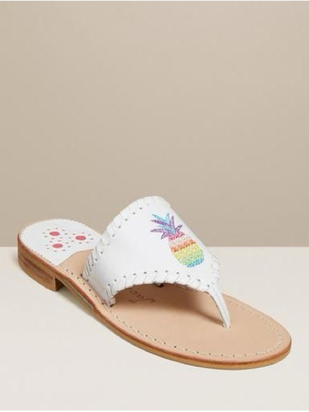 Jack Rogers White Leather Thong Sandals with Rainbow Pineapple Embroidery 9.5